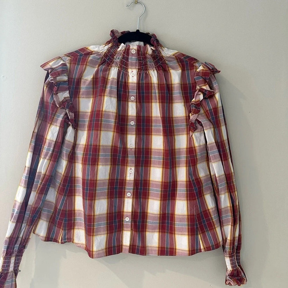 Something Navy - Jamie Ruffle Sleeve Plaid Button Up XS M0341 - Picture 3 of 12